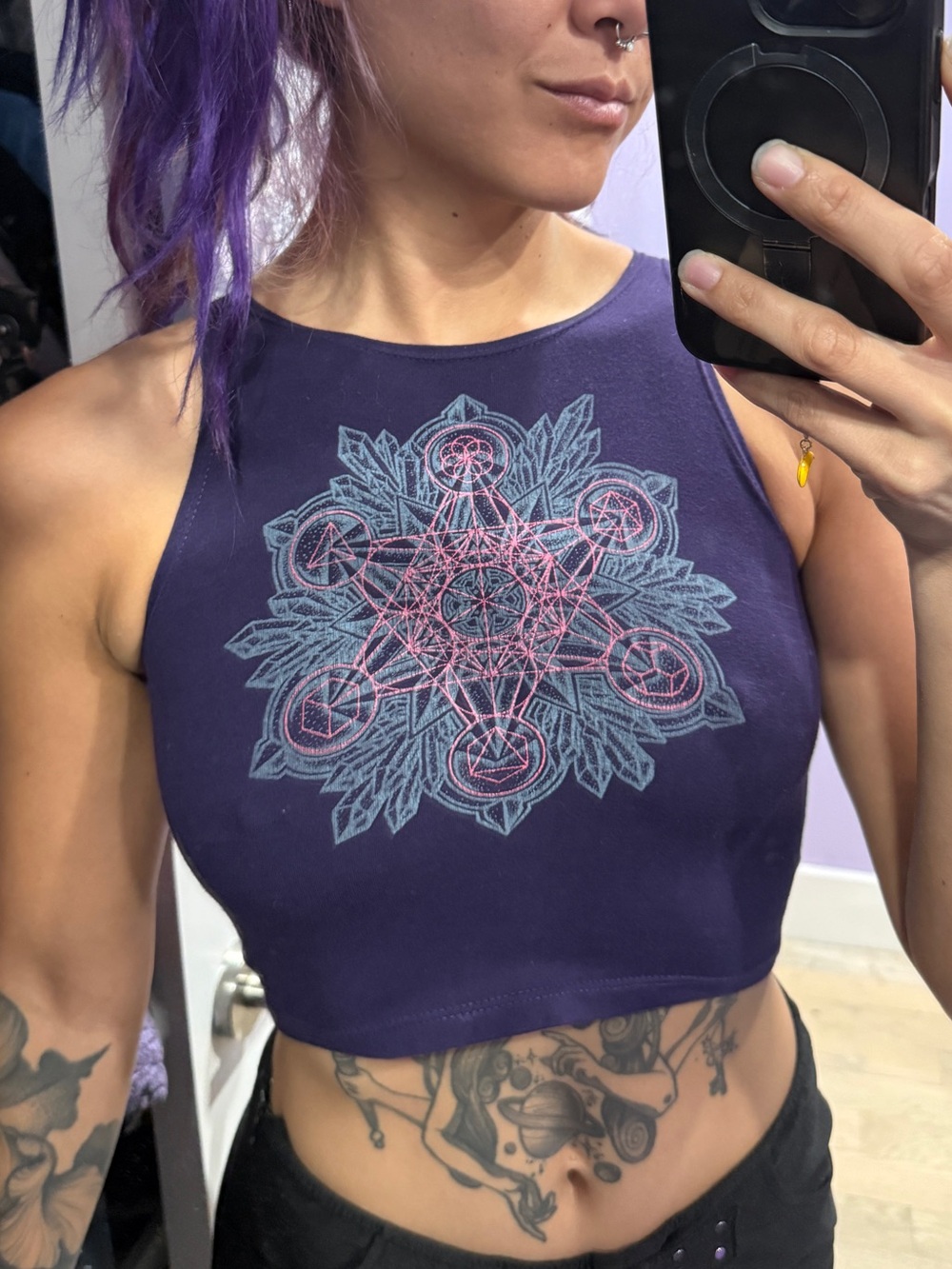 Uriah Clear Light Purple Mandala and Crystal Screen Print Cropped Tank